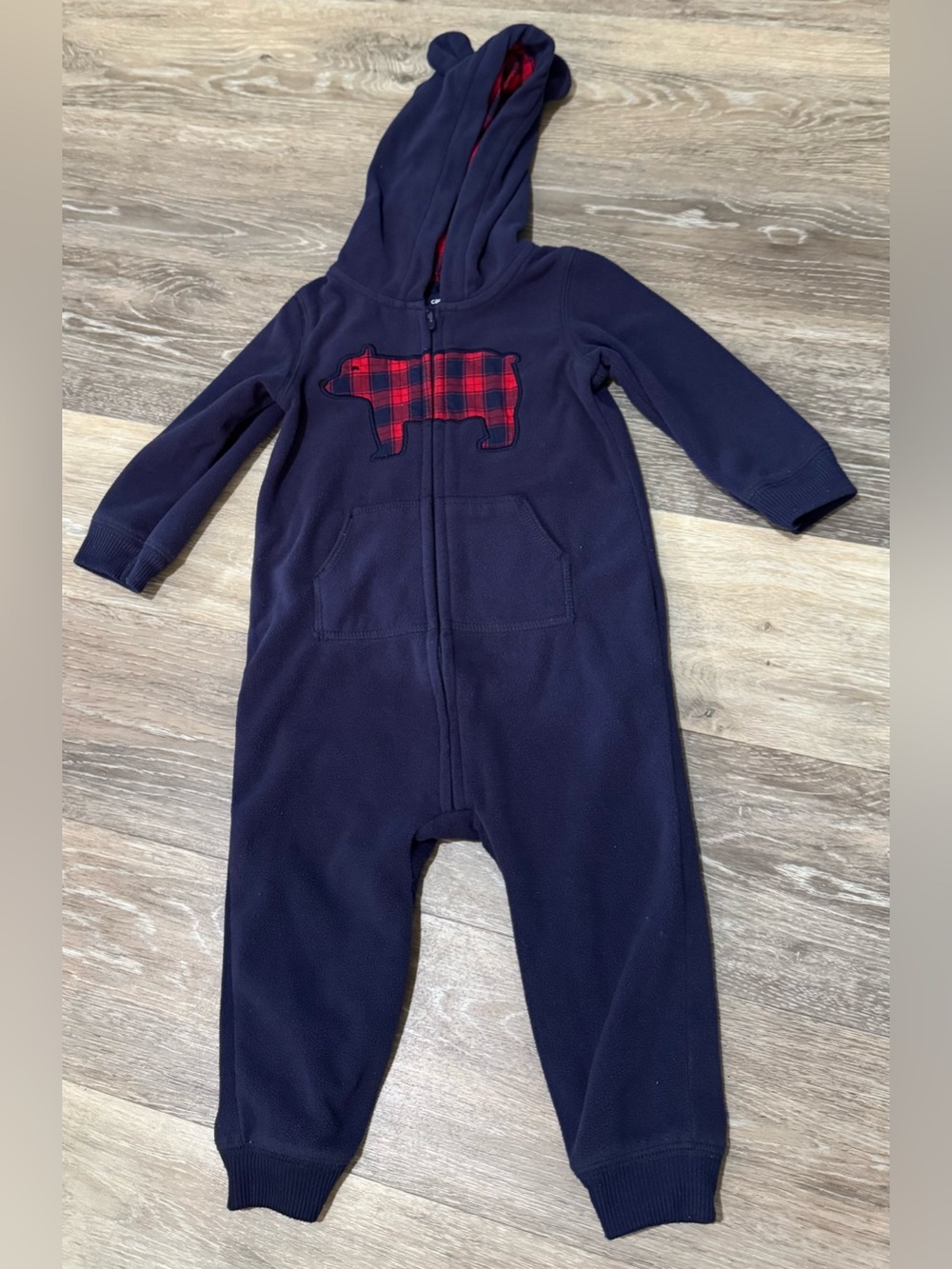 Carter's Navy Hooded Fleece One-Piece with Red Plaid Bear Applique